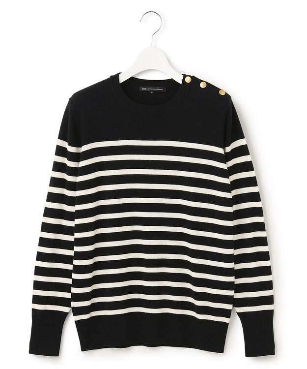 23区 L 【CLASSY.12月号掲載】セミウーステッドウール 肩ボタン ボーダー ニット  ブラック×オフホワイトボーダー