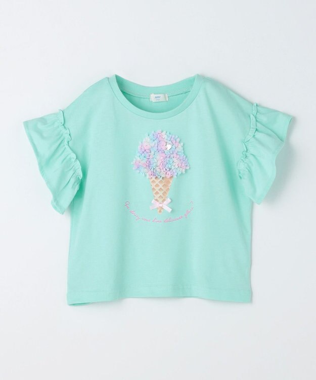 ANY KIDS 【綿100%】ひんやり フリル袖 もしゃもしゃTシャツ ミント×アイス
