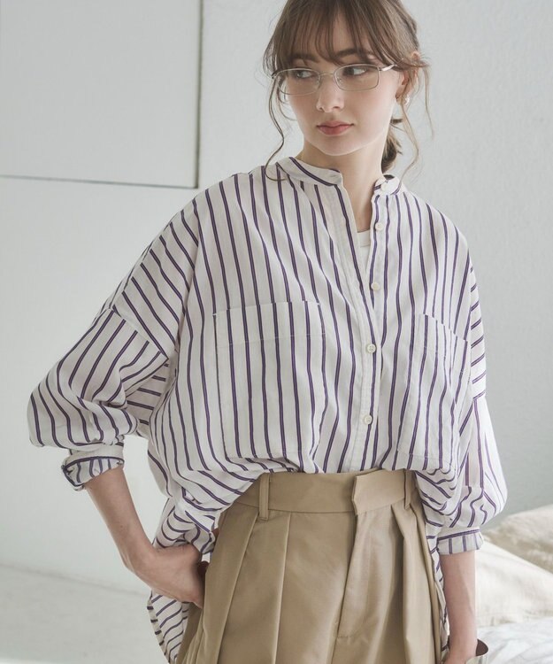 WEGO 着丈が選べる オーバーサイズ バンドカラー シャツ / ストライプ / 無地 柄3