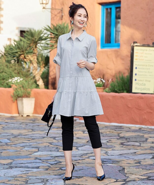 Tiaclasse L 【洗える】1枚で大人華やぐ2段ティアードシャツチュニック グレーストライプ