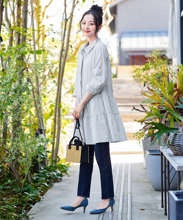 Tiaclasse L 【洗える】1枚で大人華やぐ2段ティアードシャツチュニック グレーストライプ