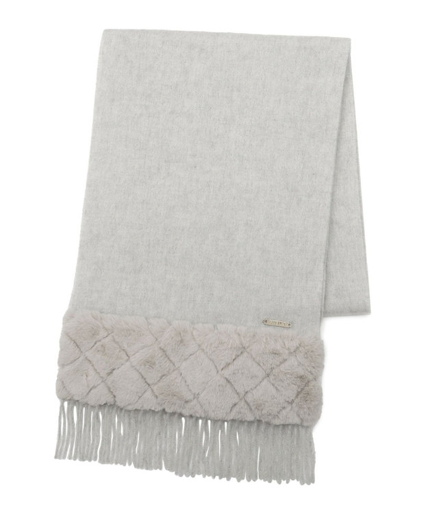 MOONBAT 【WEB限定】フルラ (FURLA)エコファー付きマフラー 無地×キルト風 ウールマフラー ロゴプレート付き ライトグレー