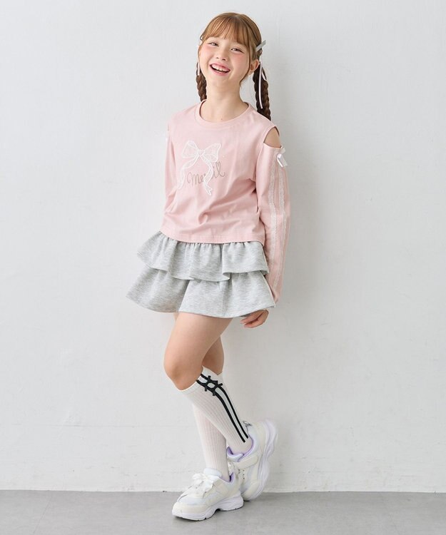 ANY KIDS 肩開きライン入り リボン長袖Tシャツ ピンク