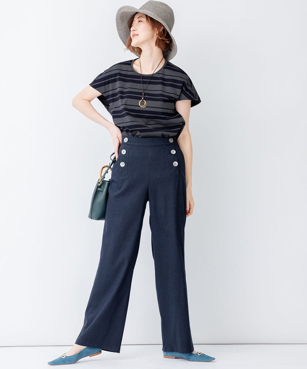 23区 S 【洗える】ランダムボーダー クルーネック カットソー カーキ×ネイビー