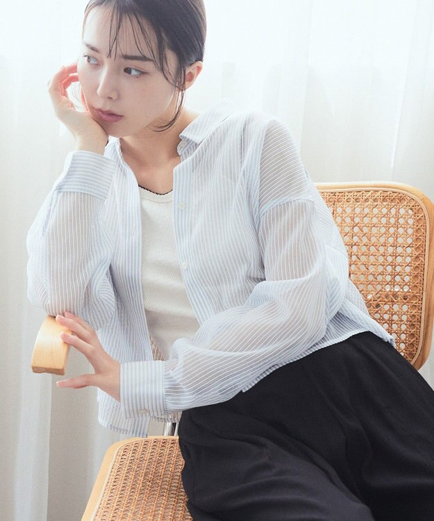 earth music&ecology メッシュストライプショートシャツ Sax