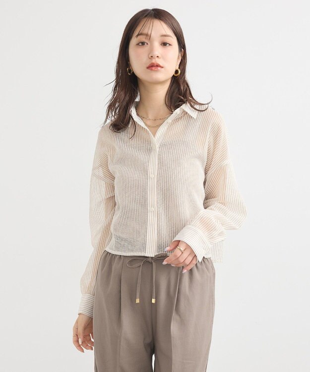 earth music&ecology メッシュストライプショートシャツ Beige