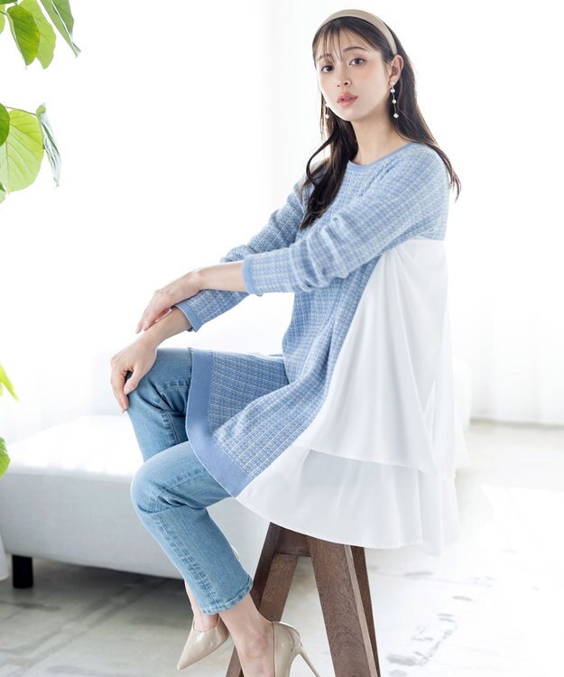 Tiaclasse 【洗える】ツイード2段フレアチュニックブラウス サックス