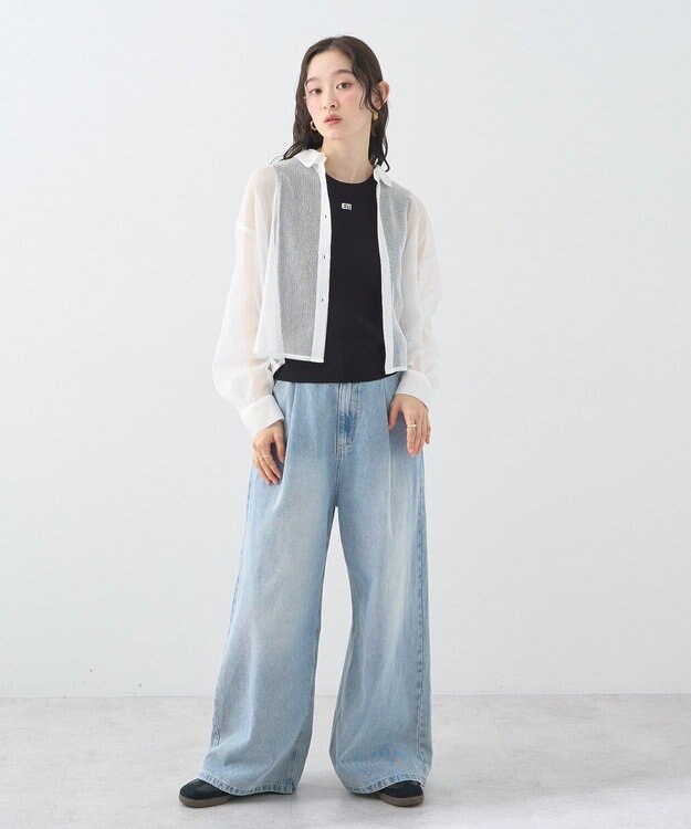 earth music&ecology メッシュストライプショートシャツ Off White