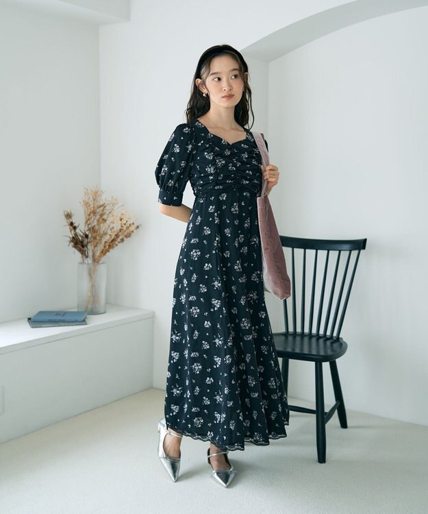 earth music&ecology レース切替フラワーロングワンピース Black