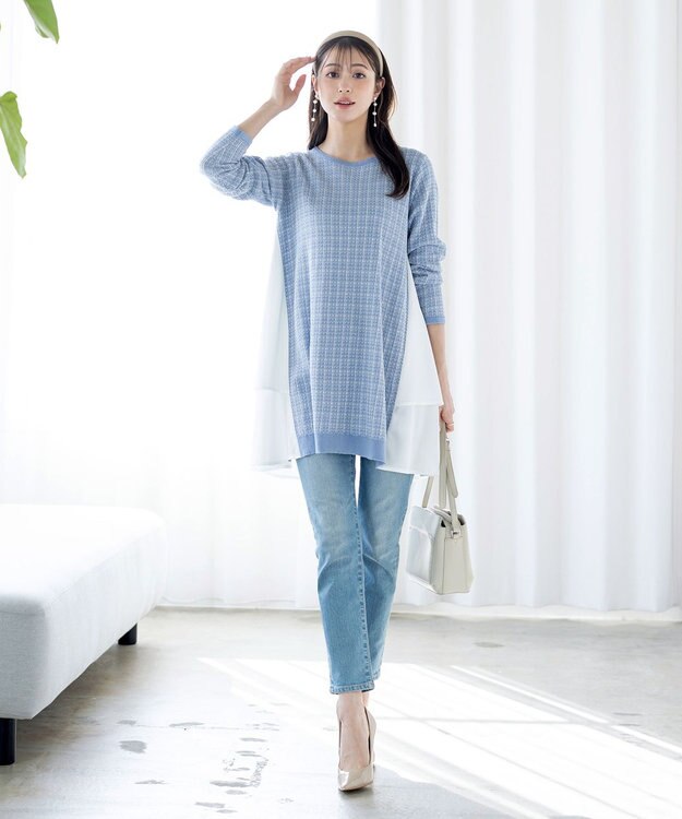 Tiaclasse 【洗える】ツイード2段フレアチュニックブラウス サックス