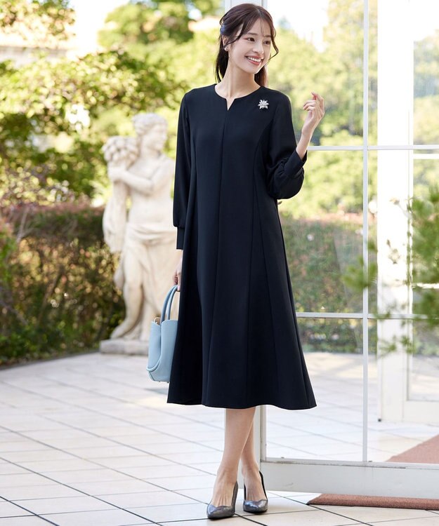 Tiaclasse L 【ストレッチジョーゼット】 シフォン袖ワンピース ネイビー