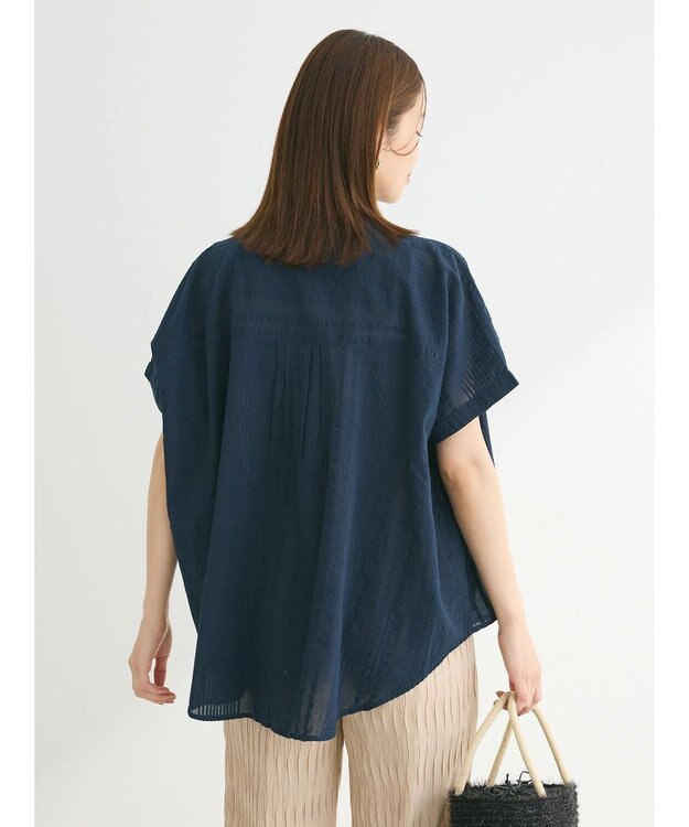 Green Parks インド綿  バンドカラーデザイン５分袖シャツ Dark Navy