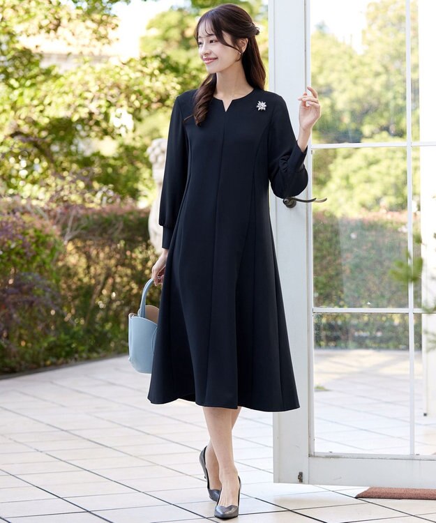 Tiaclasse L 【ストレッチジョーゼット】 シフォン袖ワンピース ネイビー