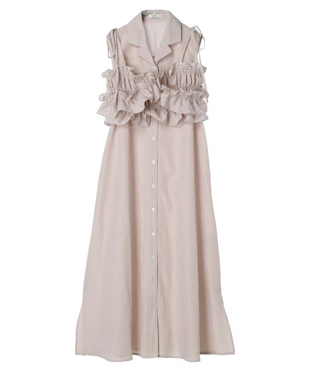 earth music&ecology ＳＥＴ２点シャーリングビスチェ×シャツワンピース Stripe Beige