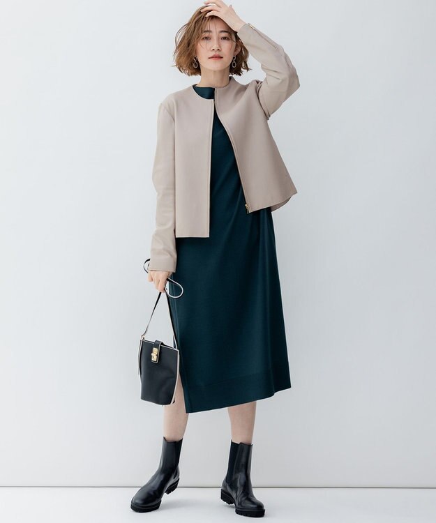 23区 ラムレザー ノーカラー ブルゾン アイボリー系