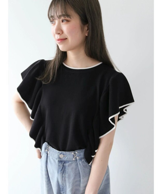 Green Parks 配色フリルニットプルオーバー Black