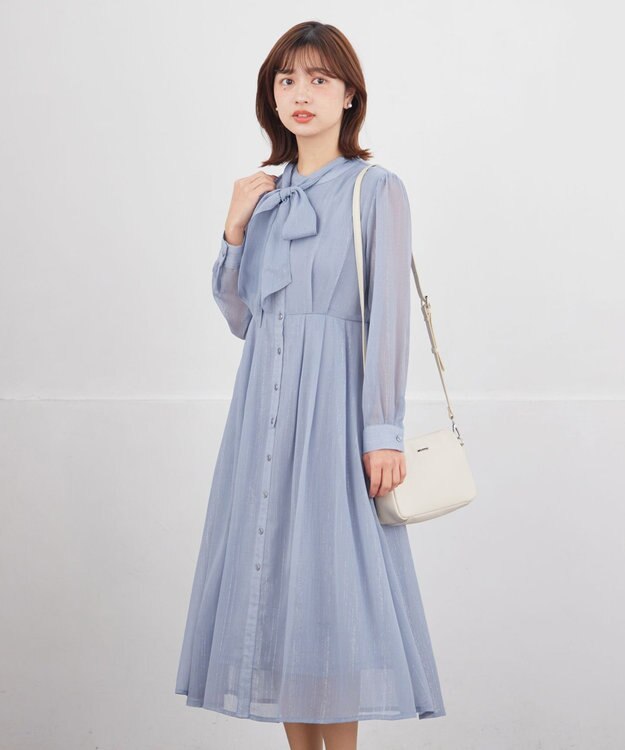 Tiaclasse L 【2WAY取り外しリボン付き】リボンタイラメシフォンワンピース サックス