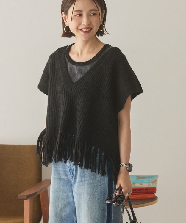 AMERICAN HOLIC 裾フリンジニットショートベスト Black