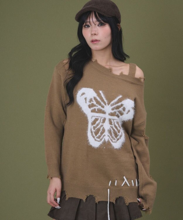 WEGO バタフライダメージニット ブラウン