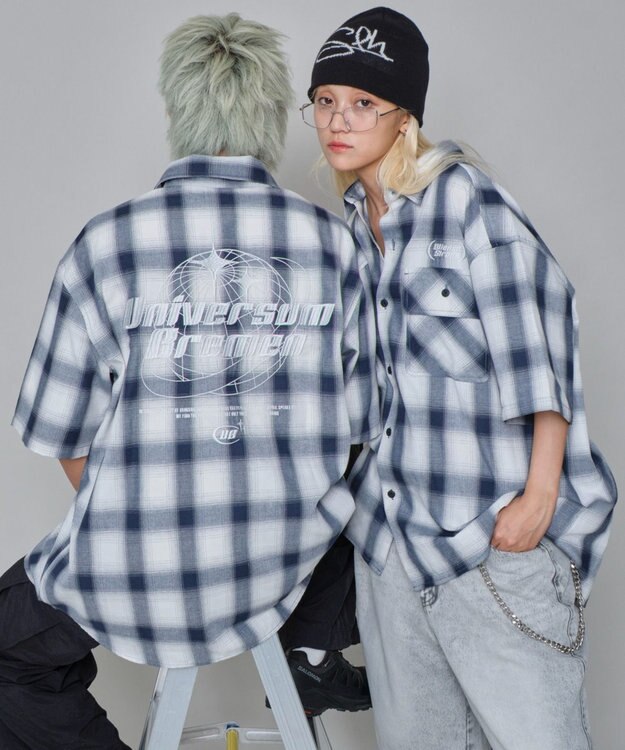 WEGO 【ユニセックス着用ITEM】グラフィックオンブレチェックシャツ（SS） ネイビー