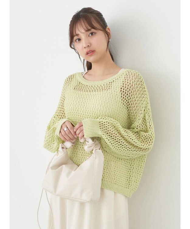 earth music&ecology スパンコールショートゆるニット Lime Green
