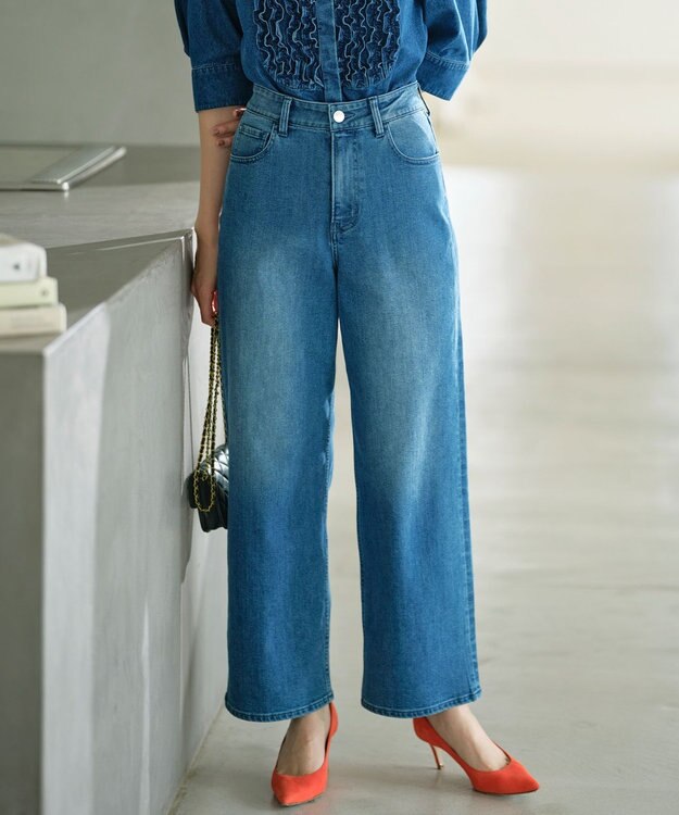 組曲 L 【ストレッチ】ミッドデニム ワイドストレートパンツ ユーズドブルー系