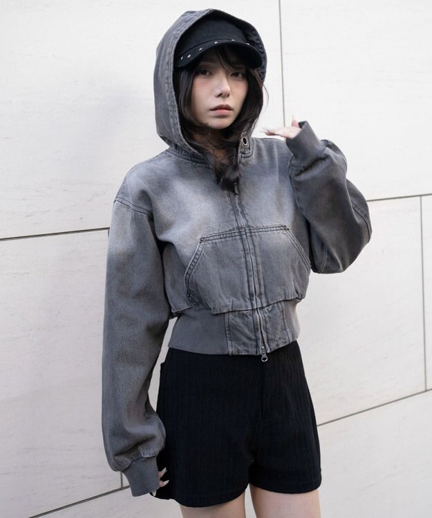 WEGO デニムショートフードブルゾン グレー