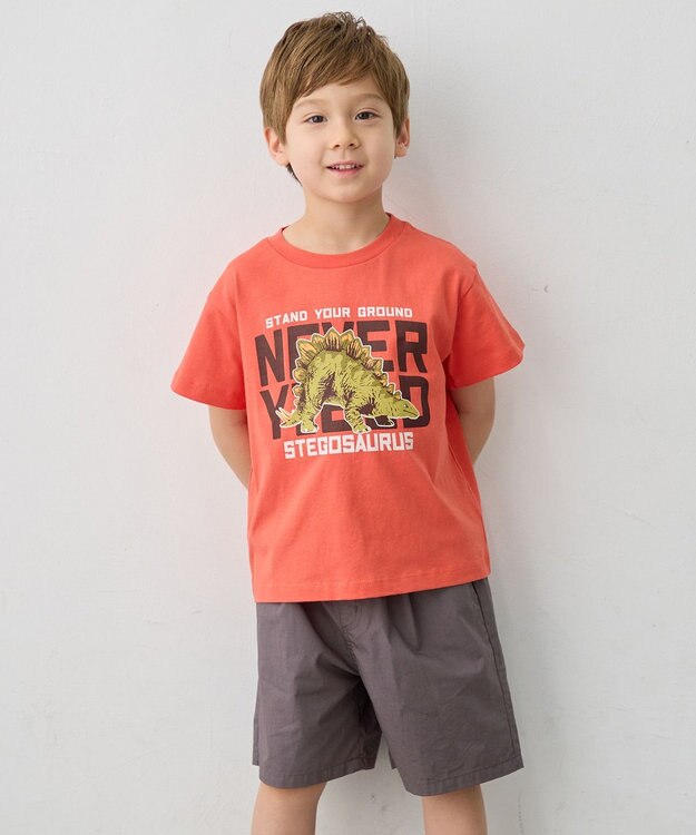 ANY KIDS 【洗濯機可能】恐竜プリント 半袖Tシャツ オレンジ