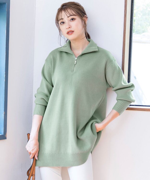 Tiaclasse 【洗える】ハーフジップニットチュニック ミント