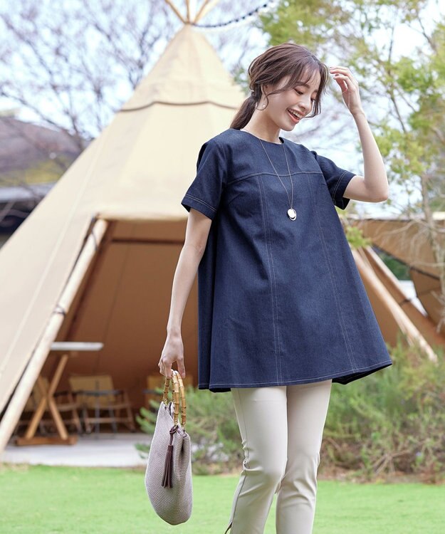Tiaclasse 【洗える】デニムチュニックブラウス ネイビー