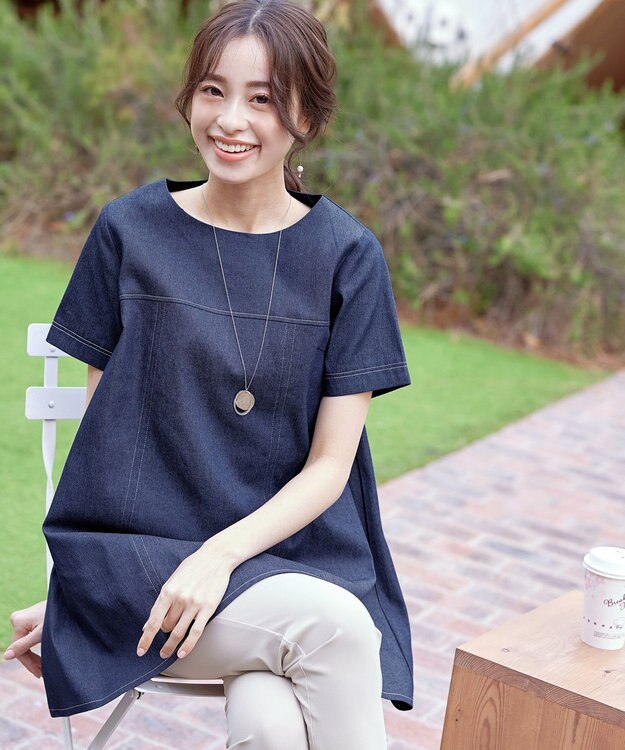 Tiaclasse 【洗える】デニムチュニックブラウス ネイビー