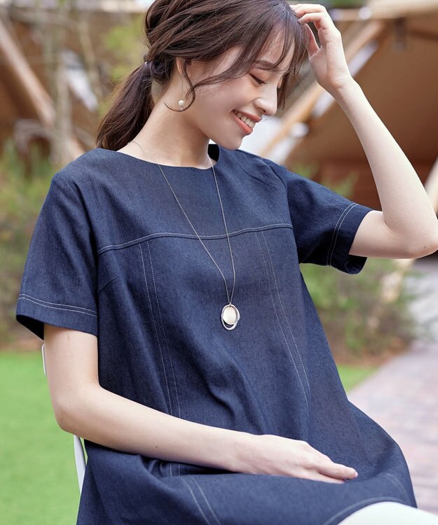 Tiaclasse 【洗える】デニムチュニックブラウス ネイビー