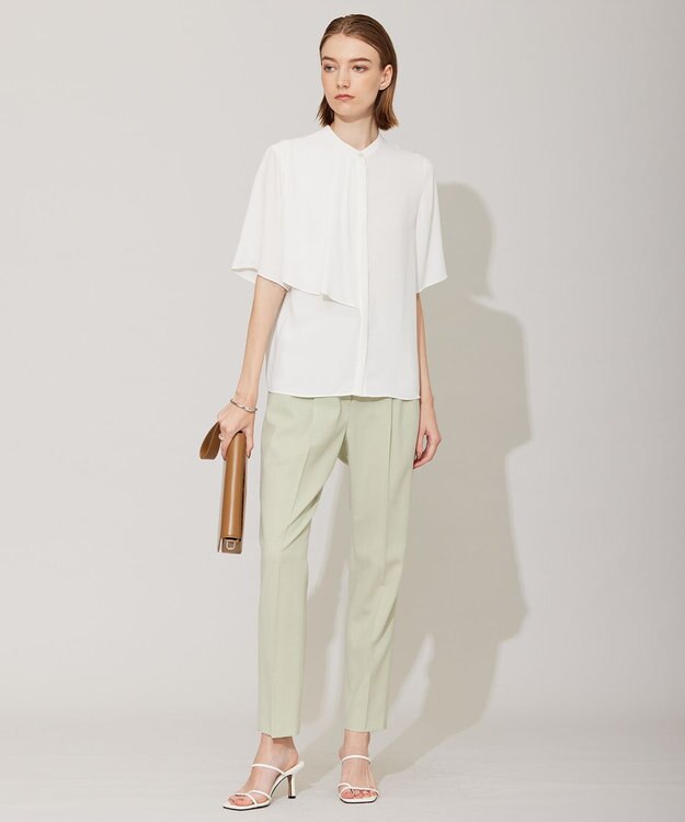 ICB 【洗える】BackSatinAmunzen 5分袖ラッフルデザインブラウス オフホワイト系