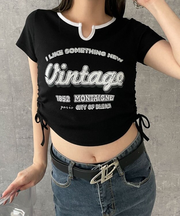 WEGO 配色サイドギャザーVネックT ブラック