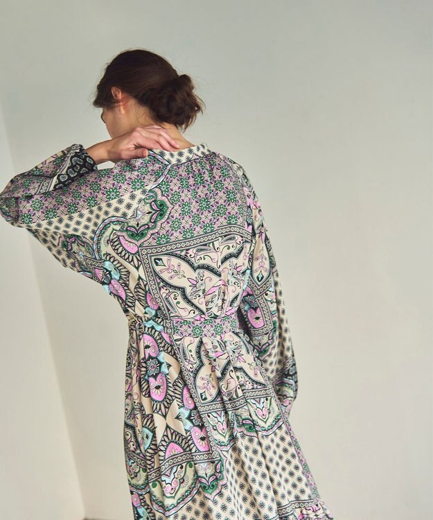 GRACE CONTINENTAL カフタンプリントロングワンピース ベージュ