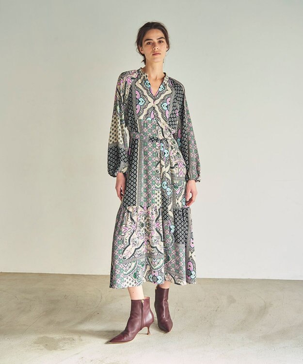 GRACE CONTINENTAL カフタンプリントロングワンピース ベージュ