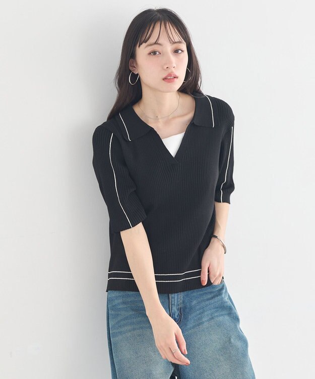 earth music&ecology 【予約】ラインカラーポロニット ブラック