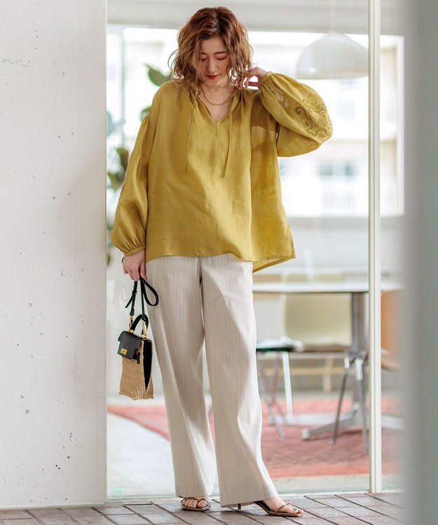 23区 S 【CLASSY.6月号掲載/洗える】リネンレーヨンストレッチ ワイドパンツ ベージュストライプ