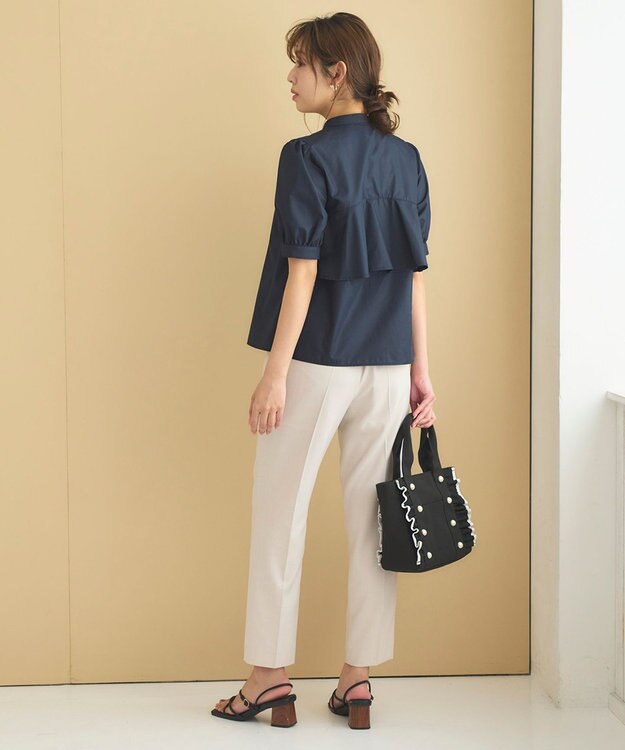 Feroux 【洗える】バンドカラーパールボタン ブラウス ネイビー系