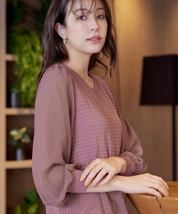 Tiaclasse L 【新色追加・洗える】シアーチェック柄ニットチュニック ピンク