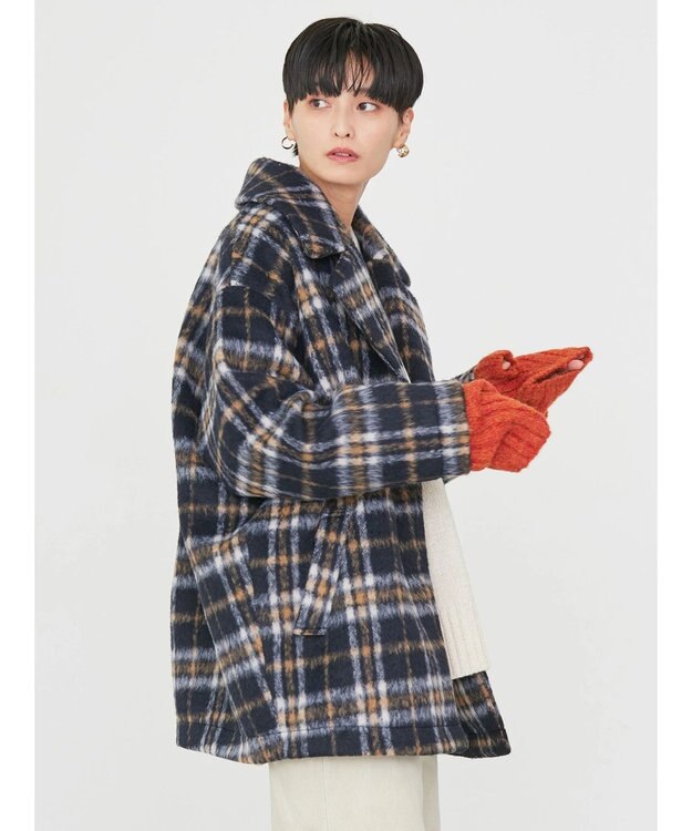 AMERICAN HOLIC チェックコクーンミディコート Check Navy