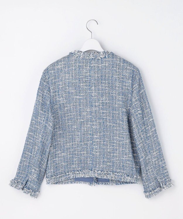 自由区 ファンシーノットツイードノーカラー ジャケット ブルー