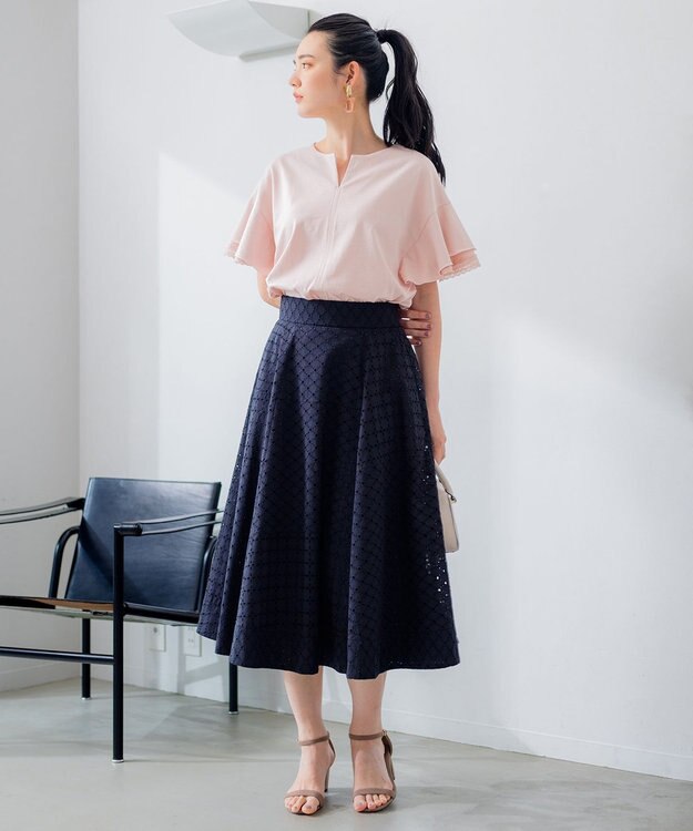 組曲 【汗ジミ防止・撥水】GIZAプレーティング天竺袖フリル カットソー ピンク系