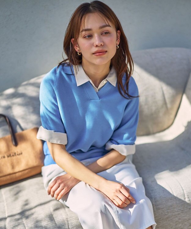 ANY アクリルガーターポロ衿ニット ブルー