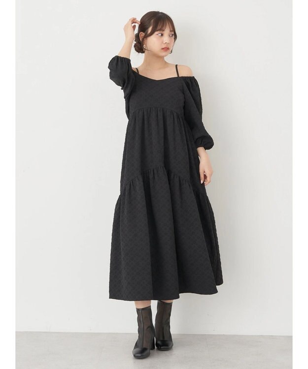 earth music&ecology ２ｗａｙパフスリーブ表面感ワンピース Black