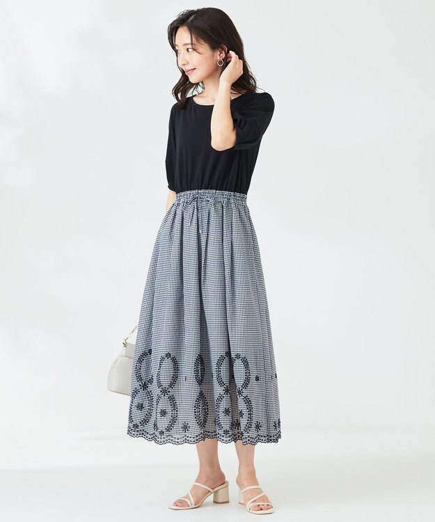 ANY SIS 【洗える】エンブロイダリーコンビ ワンピース ブラック×白黒ギンガム