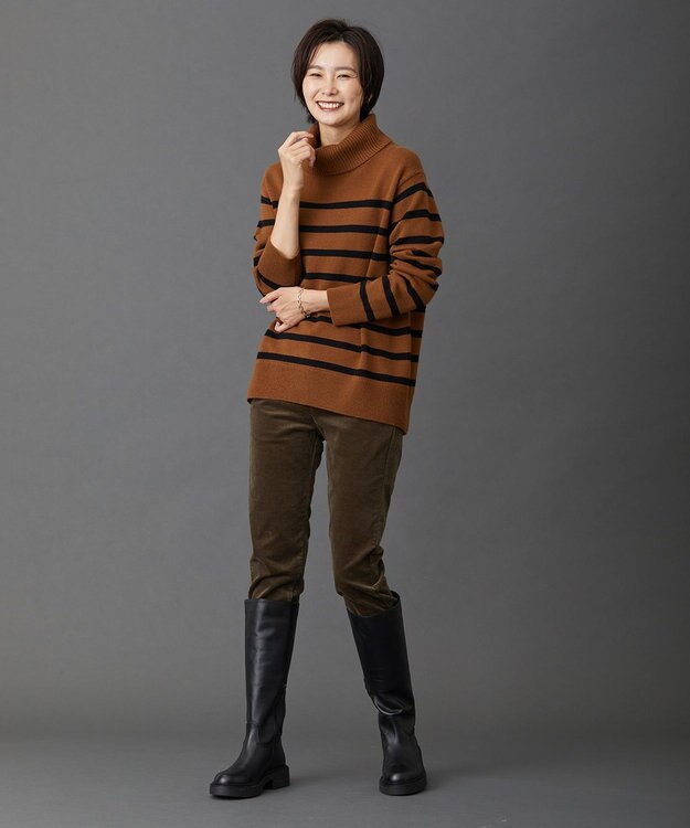 J.PRESS LADIES S 【洗える】MERINO CASHMERE オフタートル ボーダー ニット キャメル系1
