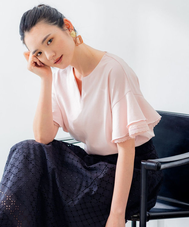 組曲 【汗ジミ防止・撥水】GIZAプレーティング天竺袖フリル カットソー ピンク系