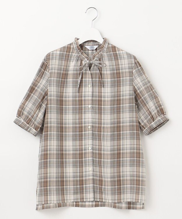 J.PRESS LADIES 【洗える】キュプラチェック フリルスタンドカラー ブラウス ベージュ系3