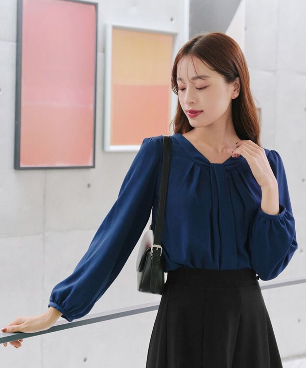 Tiaclasse 【スマート裏起毛】 ボウタイ風ブラウス ダークブルー